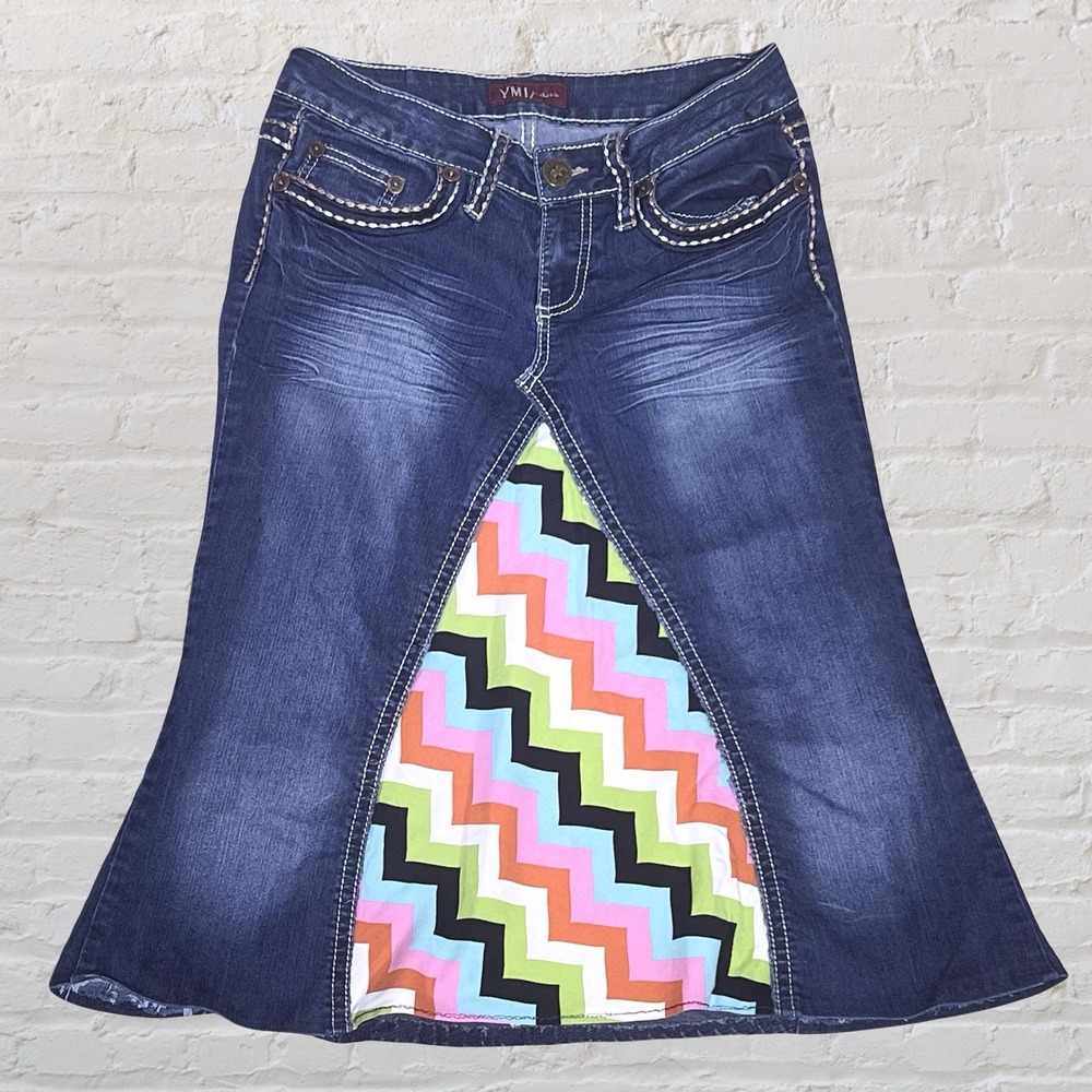 YMI Upcycled Denim Flare Midi Jean Skirt Size 7 Boho Hippie Festival Stretch Y2K